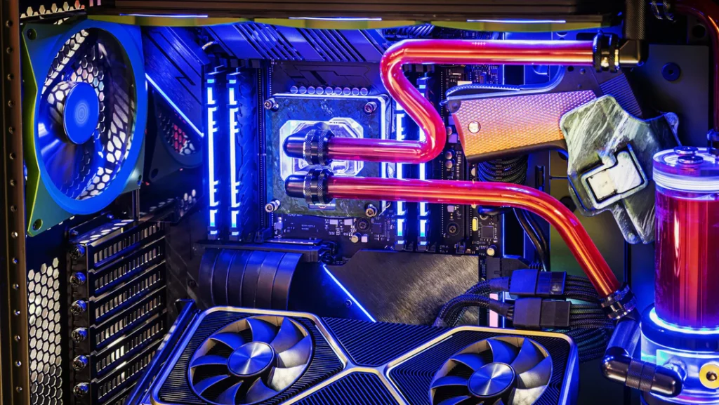 A high-performance gaming PC setup featuring both air cooling and liquid cooling solutions