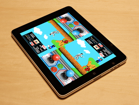 Split screen showing different game genres being played on tablets