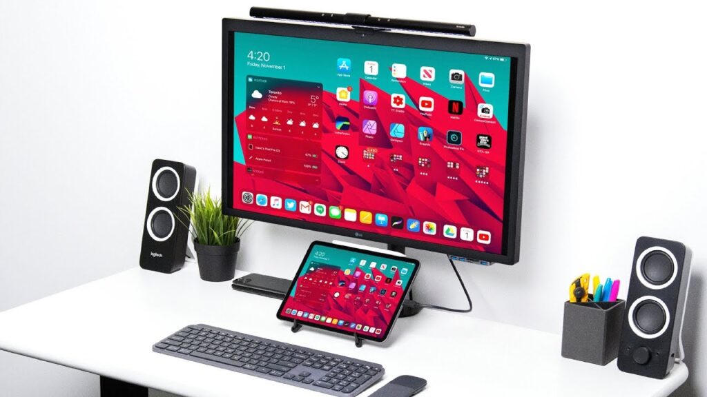 A modern tablet workstation with essential productivity accessories