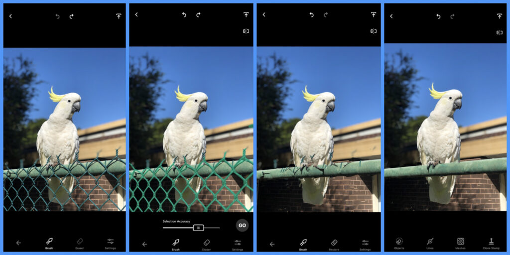 Before/after comparison showing object removal with TouchRetouch