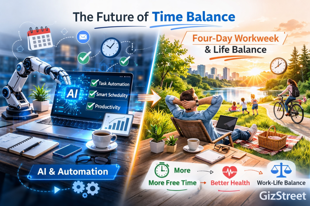 Future of work concept showing AI automation and four-day workweek as potential solutions to time pressure