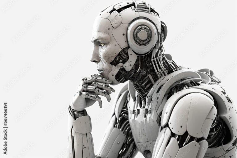 Illustration of a humanoid robot thinking, with icons for reasoning, speech, vision