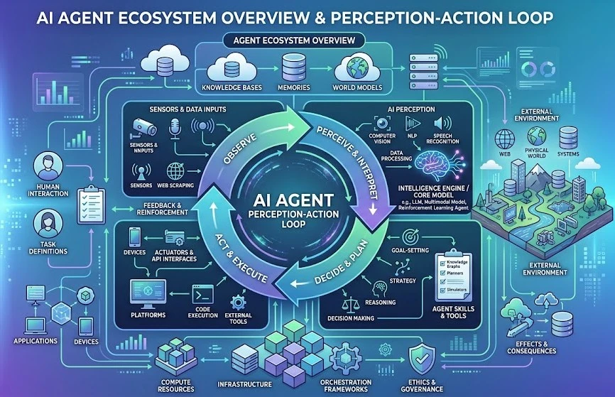 AI agents 2026 overview infographic showing autonomous AI workflow automation