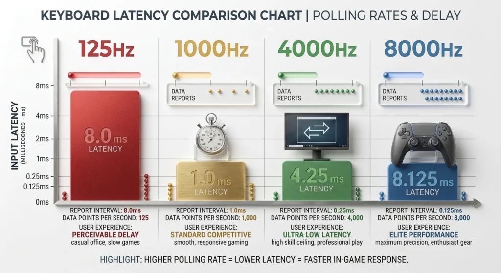 8K polling rate vs standard keyboard latency comparison chart for gaming