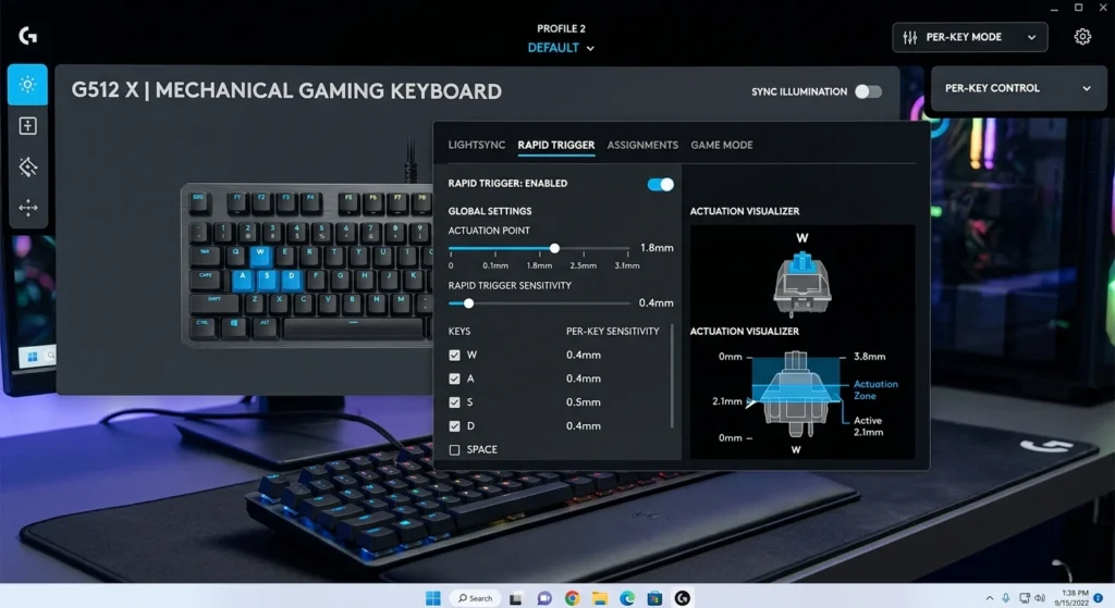 Logitech G Hub app Rapid Trigger settings configuration for G512 X keyboard