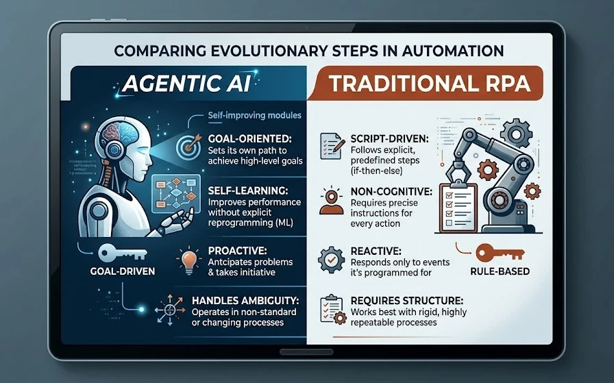 Agentic AI vs traditional automation comparison chart for AI workflow automation