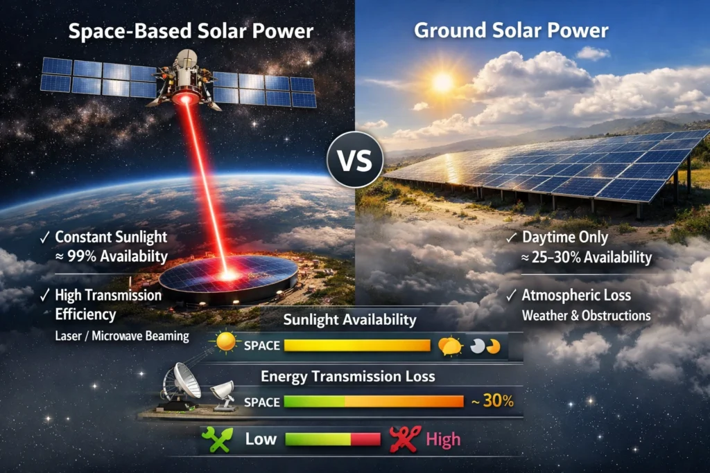 Space solar energy vs ground solar comparison chart for Meta AI data centers