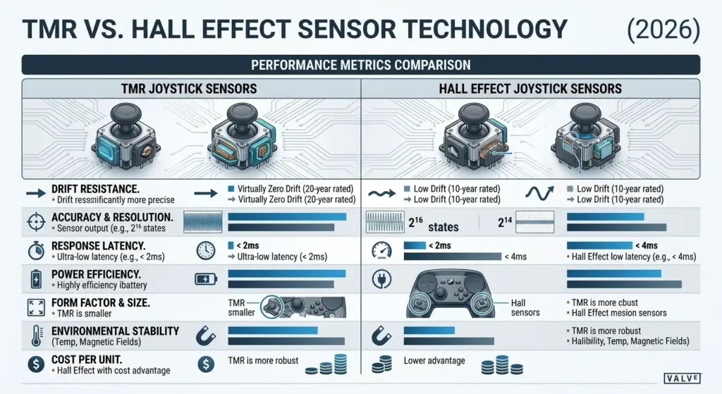 Tech comparison table for TMR and Hall Effect joystick sensors