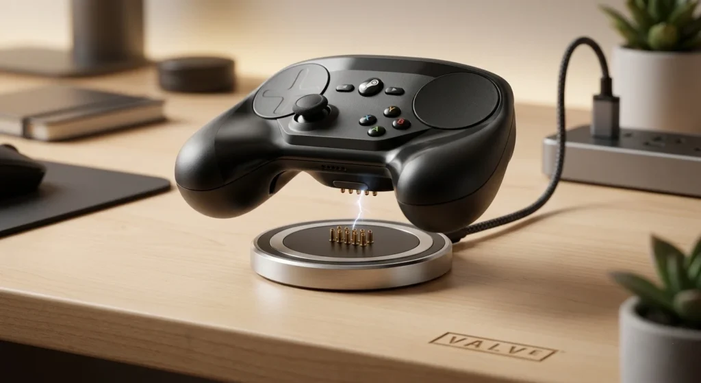 Valve Steam Controller charging on its magnetic wireless puck
