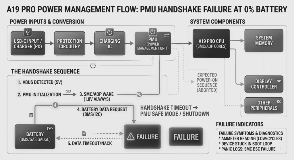 A19 Pro chip power management unit boot failure diagram for iPhone 17 black screen