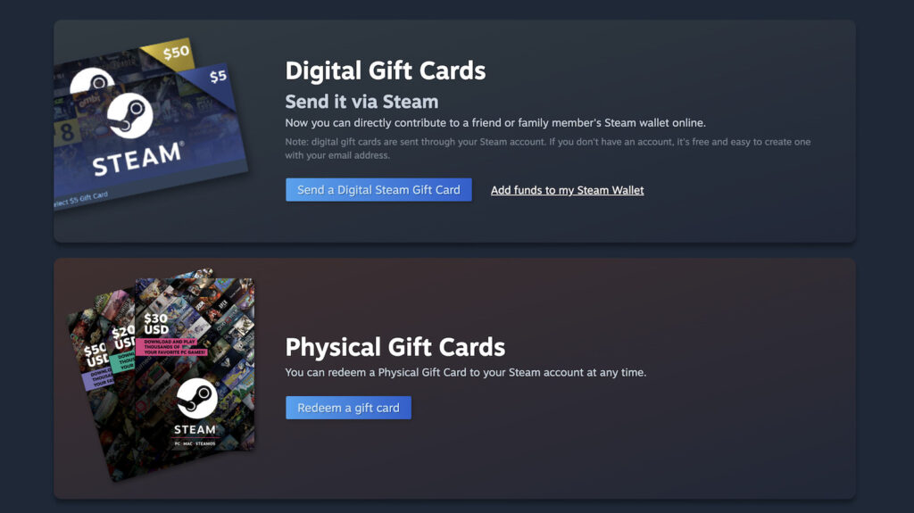 Steam physical gift cards